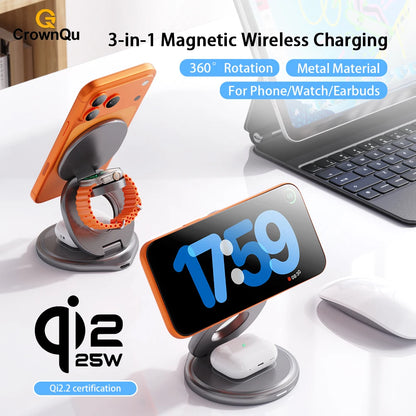 Protable 25W Metal Wireless Charger Qi2.2 Fast Charging Station Stand 360° Rotation for iPhone 17 16 15 14 Pro Max Watch Airpods