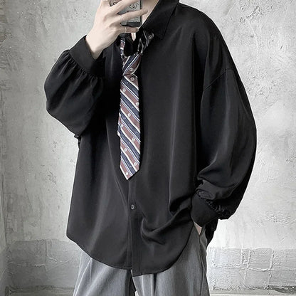 Korean Style Men's Long-sleeved Shirts Black Tie Cozy Casual Solid Oversize Blouses Breathable Loose Shirt Harajuku Male Clothes