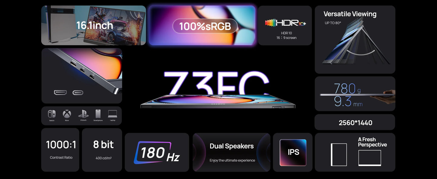 ARZOPA 16.1 inch 2.5k 180HZ External Portable Monitor HDR IPS Screen Second PC Displays for Gaming Working Anytime Anywhere Z3FC