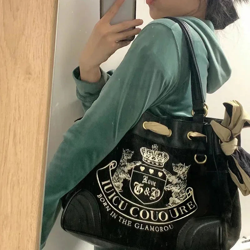 Ladies Large-Capacity Tote Bag Y2K Women Vintage Retro Chic Embroidery Velvet Handbags Girl Shopping Shoulder Bag Women's Purses
