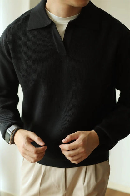 Fashion Solid Color Men Polo Kint Shirt Autumn Long Sleeve Turn-down V-neck Sweater Casual Jumper Tops Men's Knitwear Clothing