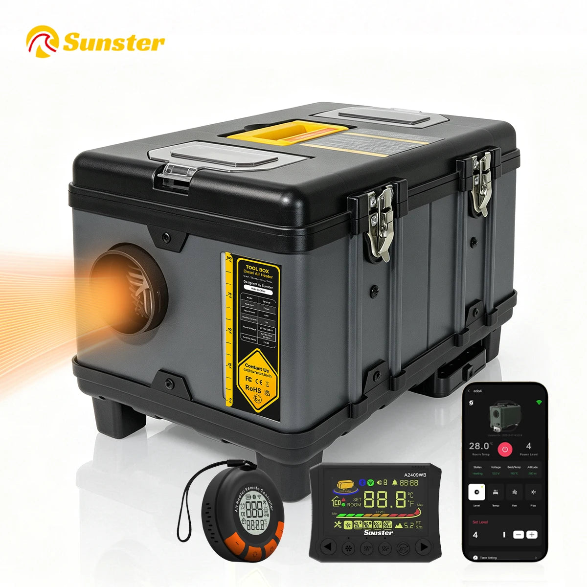 Sunster TB10WF 8KW Diesel Air Heater 12V 24V 240V Auto Thermostat Parking Heater With Bluetooth APP and CO Monitor for Car Homes Camper