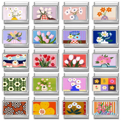 2025 Women's Fashion Colorful Flowers Oil Painting Style Series Italian Charms Fit 9mm Stainless Steel Bracelet DIY Jewelry Gift