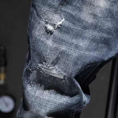 American Elastic Straight Jeans Men Ripped Worn-out Slim-fit Cotton Denim Pants Korean Style Fashion Blue Black Men's Clothing