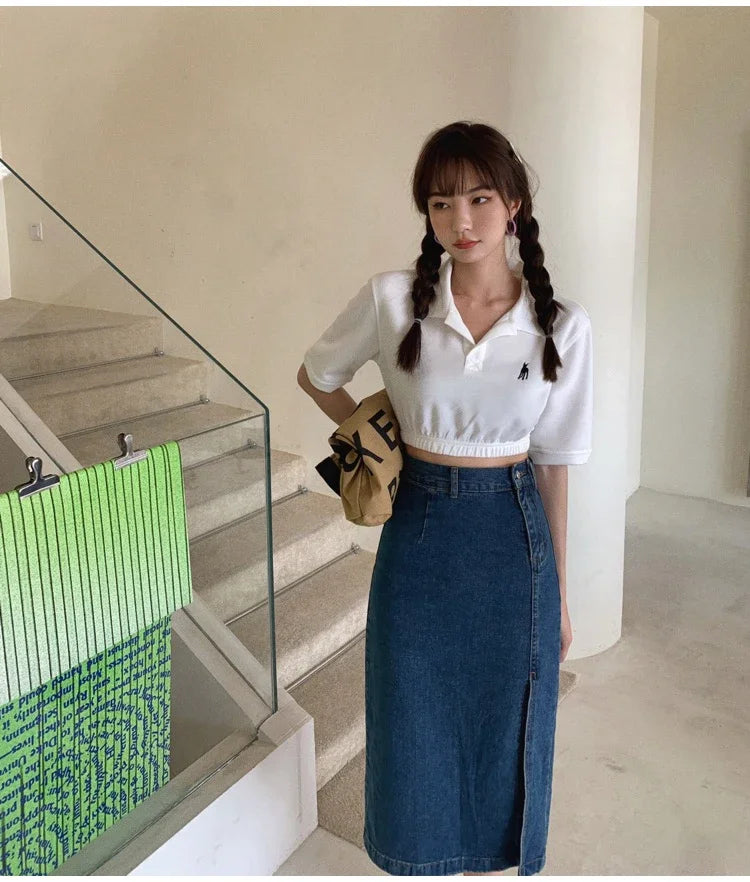 Korean Style Slim Bodycon Blue Skirts For Women 2026 Spring Summer New High Waist Split Denim Midi Skirt