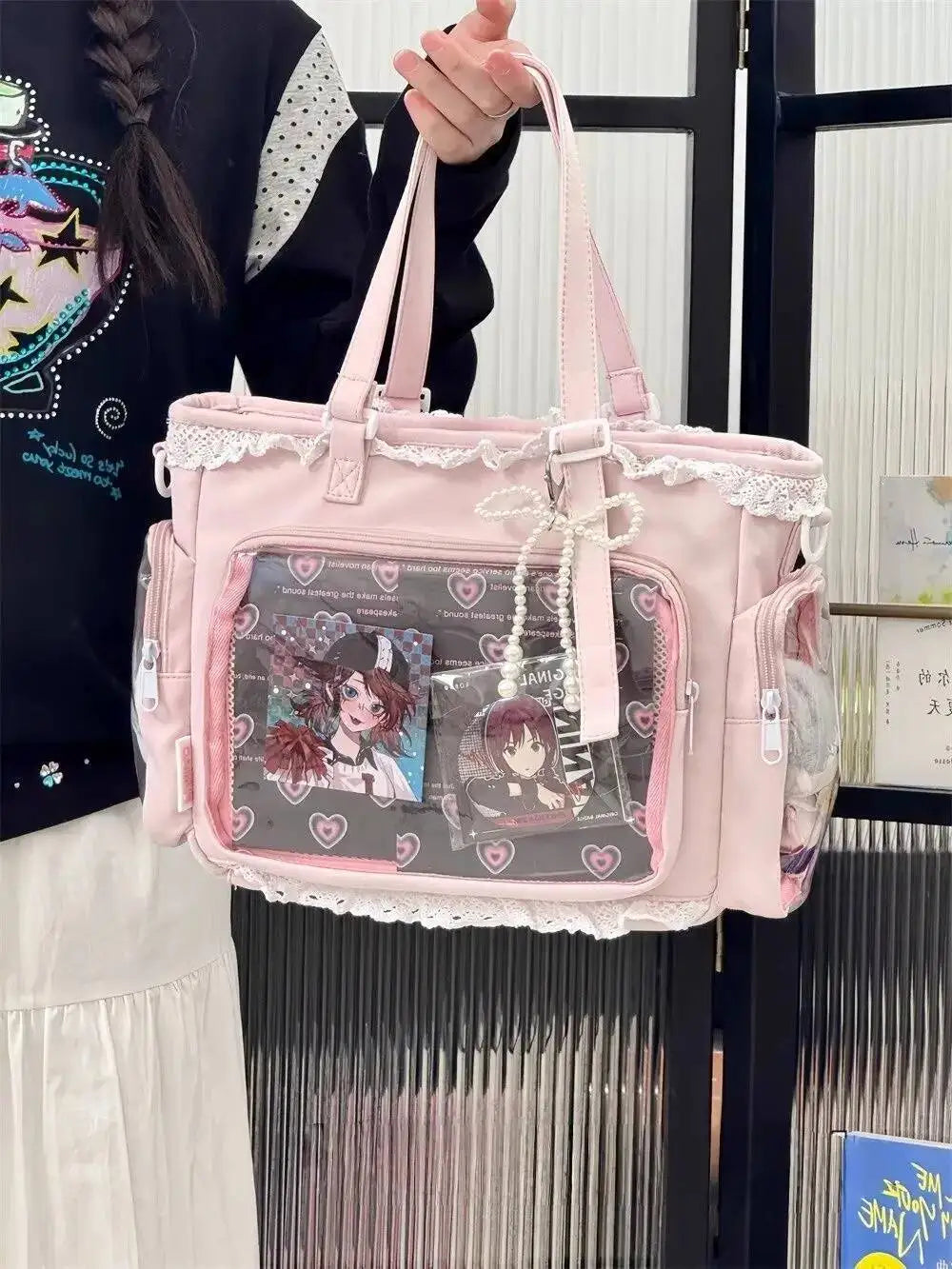 Japanese Sweet Women Ribbon Ita Bag Cute Lolita Girl Transparent Handbags Fashion Large Capacity Tote Bag Aesthetic Shoulder Bag
