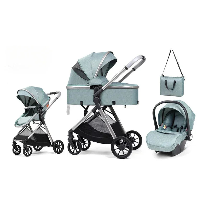 3-in-1 baby stroller, high landscape stroller, equipped with car seat, mom bag, one click folding, can sit and lie down