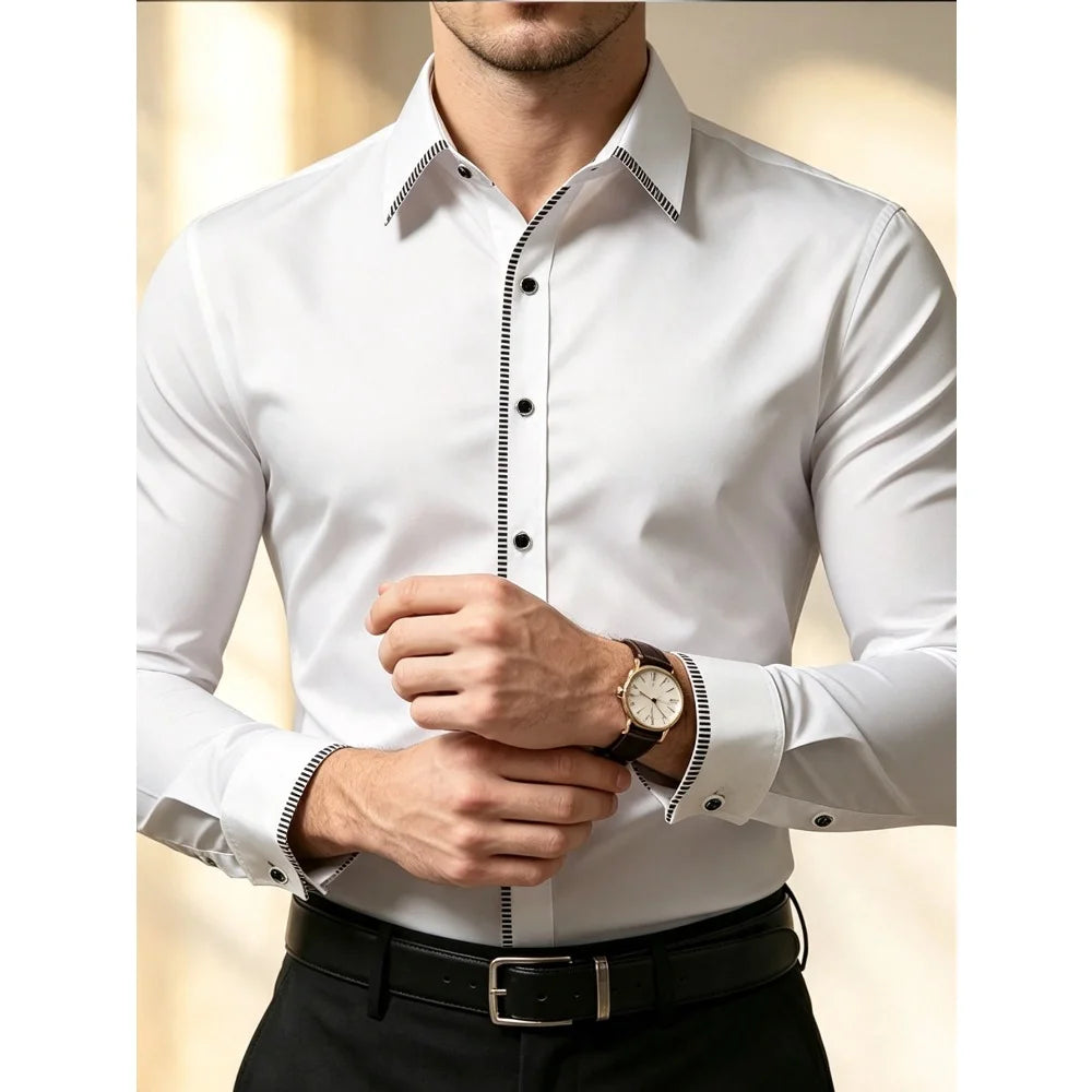 New Men Patchwork Shirt Fashion Dress Tuxedo Long Sleeve Smart Casual Four Season Man Micro Elastic Shirts