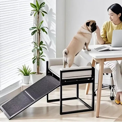 ZMaker 2026 Customizable Metal Frame Elevated Dog Bed with Ramp Non Slip Foldable Dog Stairs Ramps with Seat Cushion