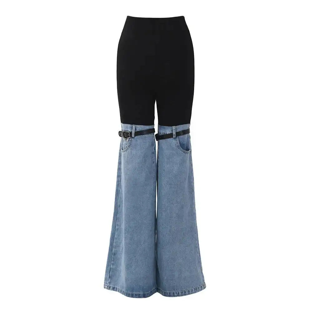 LGRQ Denim Patchwork Pants For Women Fashion New High Waist Contrast Color Belt Straight Pant Female 2026 Summer New 17A2013H