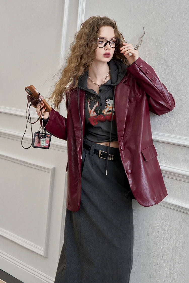 ELFSACK Women's Faux Leather Blazer Oversized Wine Red Long Sleeve Casual Office Wear Jacket Fashion Streetwear Coat