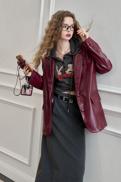ELFSACK Women's Faux Leather Blazer Oversized Wine Red Long Sleeve Casual Office Wear Jacket Fashion Streetwear Coat