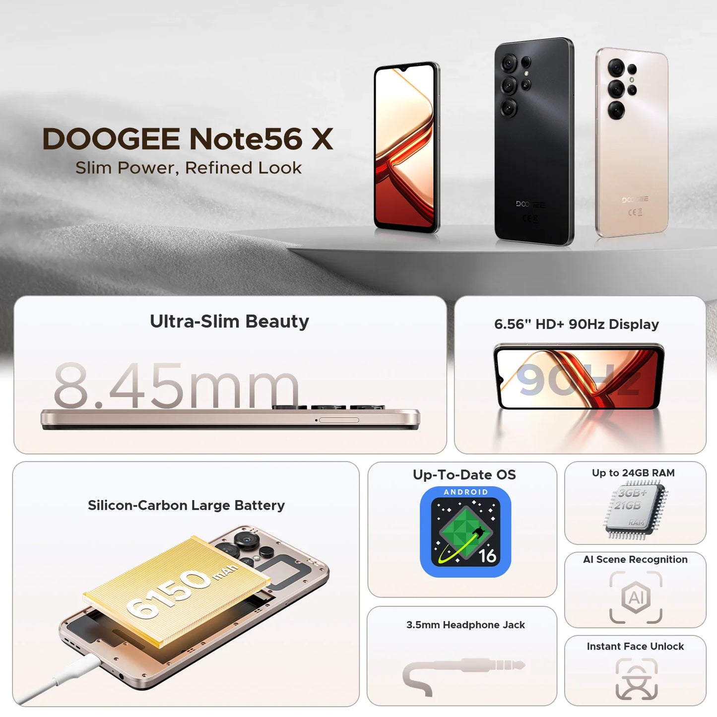 Global Version DOOGEE Note56 X Smartphone Android 16 24GB RAM(3GB+21GB) 64GB ROM 6.56'' Screen 6150mAh Battery Mobile Phone