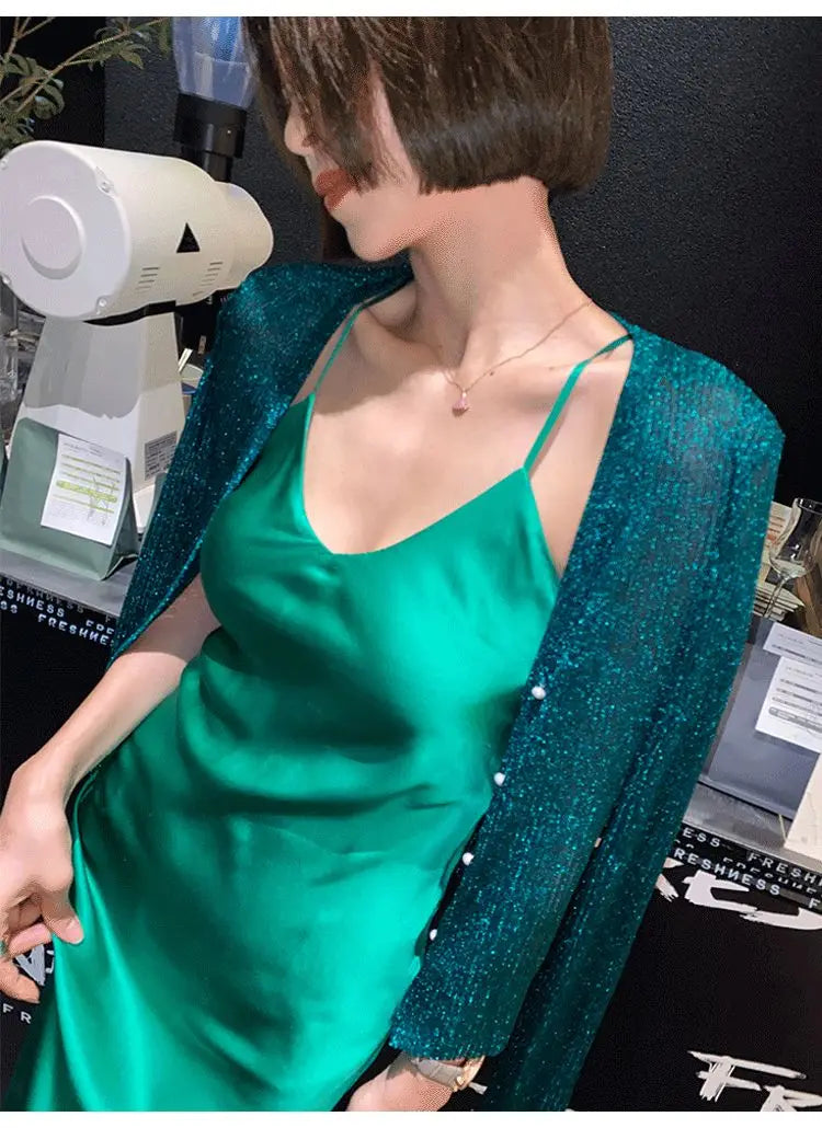 Women Shiny Gold Thread Spring Summer Ice Silk Knitted Cardigan Ribbed Pearl Button Sun Protection Top V-neck Ice Silk Knitwear