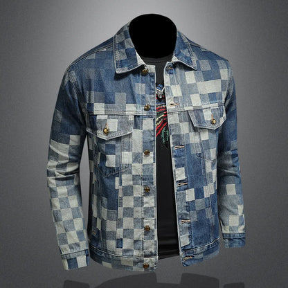 2025 Autumn Vintage Checkered Denim Jacket for Men Flip Collar Single Breasted Casual Business Jacket Social Street Wear Jeans