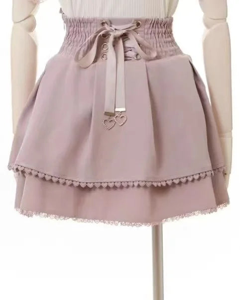 Japanese Sweet Lolita Style Mini Skirt Women Retro Elegant Lace Bandage Party Cake Skirts Female Gothic Y2k Metal Buckle Skirts