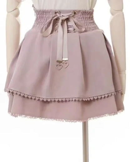 Japanese Sweet Lolita Style Mini Skirt Women Retro Elegant Lace Bandage Party Cake Skirts Female Gothic Y2k Metal Buckle Skirts