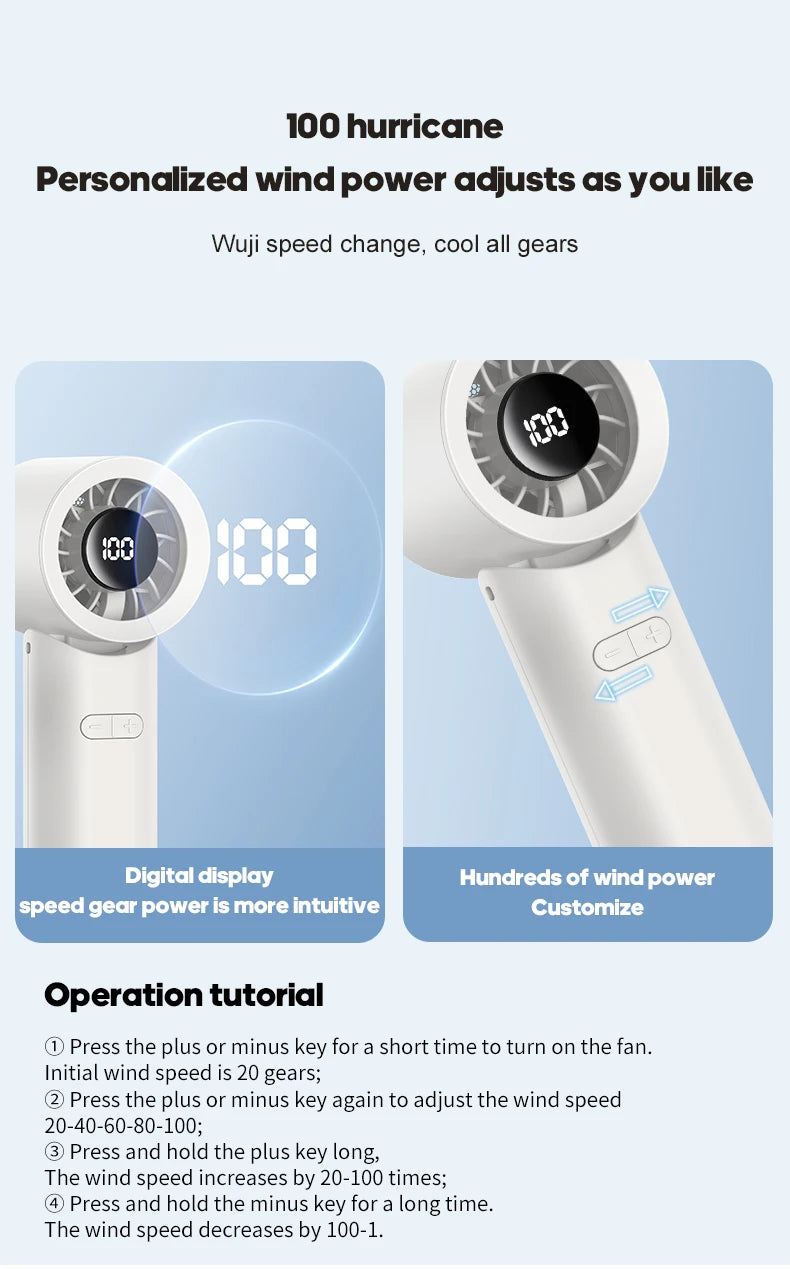 KINSCOTER Portable High Speed Handheld Fan 2000mAh Foldable Cooling Fan 100 Speed Rechargeable Turbo Fan W/ LED Digital Display