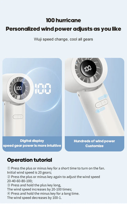 KINSCOTER Portable High Speed Handheld Fan 2000mAh Foldable Cooling Fan 100 Speed Rechargeable Turbo Fan W/ LED Digital Display