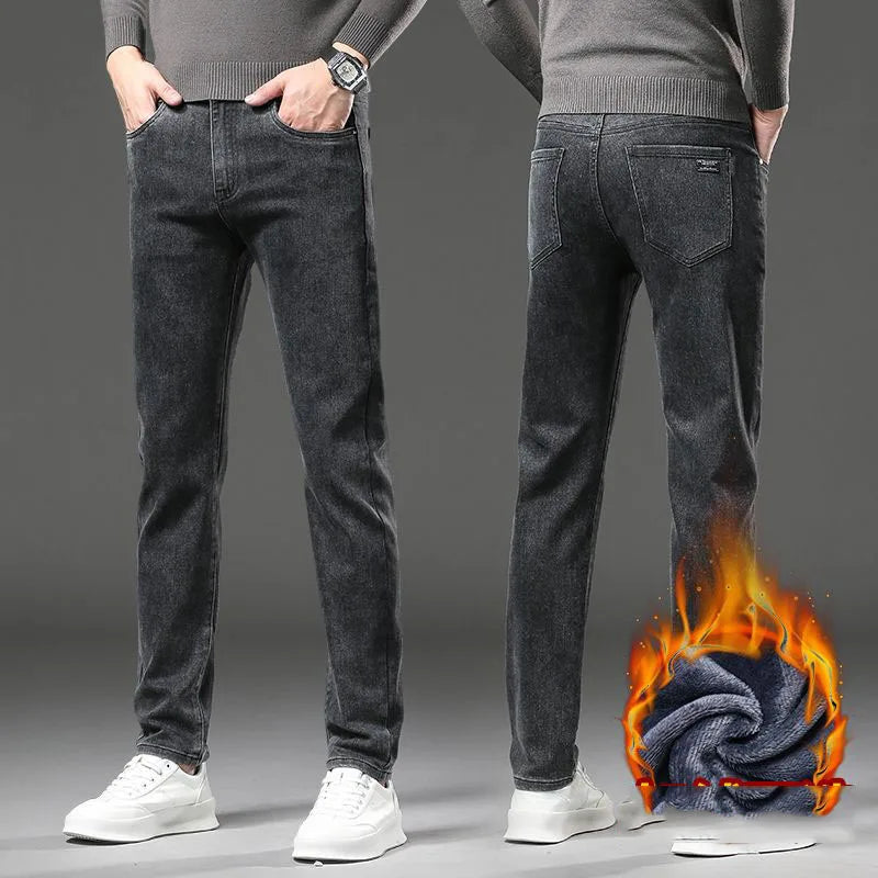 Men's Winter Stretch Fleece Jeans Thickened Warm Loose Straight Velvet Denim Trousers Classic Business Casual Black Work Pants