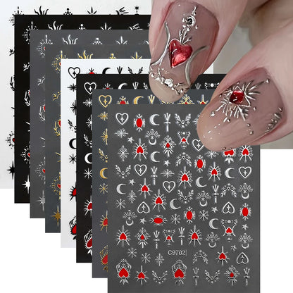 1pcs 3D Bronzing Gold Love Heart Nail Art Stickers Y2K Holographic Stars Sun Starlight DIY Nail Decals Heart Manicure Decoration