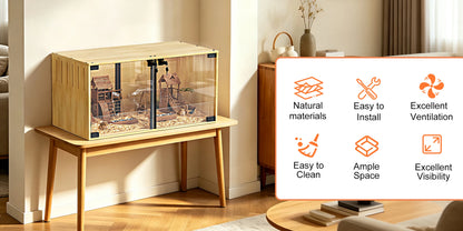Wooden Hamster Guinea Pigs Cage Mice and Rat Habitat with Removable Divider Tempered Glass Panels Chew-proof Small Animals Cage for Small Pets