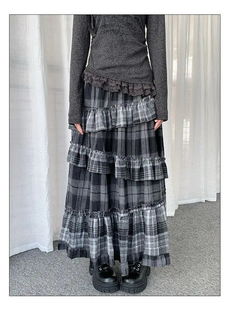 Y2k Vintage Long Skirts Plaid Ruffles Patchwork Harajuku Casual Loose Cake Skite Punk Gothic Streetwear All Match Women Clothing