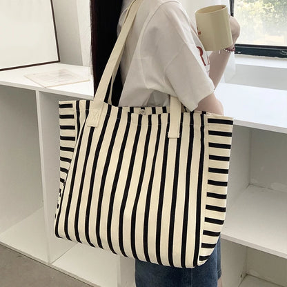 Striped Canvas Bag Beach Handbag Fashionable Women's Canvas Summer Large Capacity Shoulder Bag