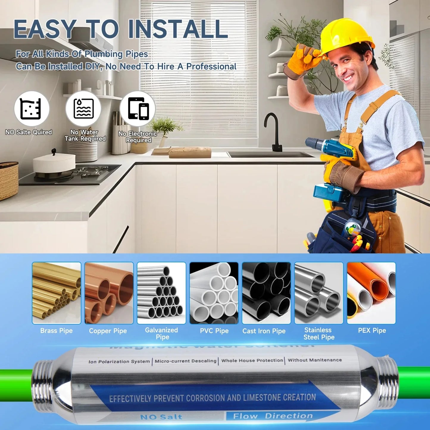 Whole House Salt-Free Water Softener, water filter，Anti limestone，Super-Magnetic Descaler for Scale Inhibition & Removal