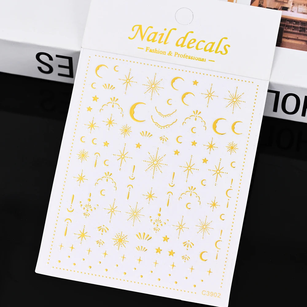 1pcs 3D Bronzing Gold Love Heart Nail Art Stickers Y2K Holographic Stars Sun Starlight DIY Nail Decals Heart Manicure Decoration