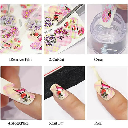 12Spring and Summer Water Transfer Ink Floral Nail Sticker Set Contains Blooming Flowers and Green Leaves Graffiti Slider Nail