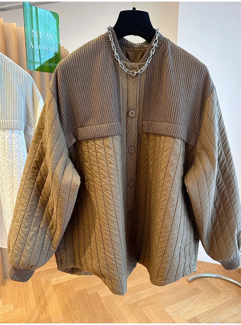 Women Autumn Advanced Design Sense, Niche Loose Casual Knit Stitching, Striped Cotton Coat Winter Light Thin Small Cotton Jacket