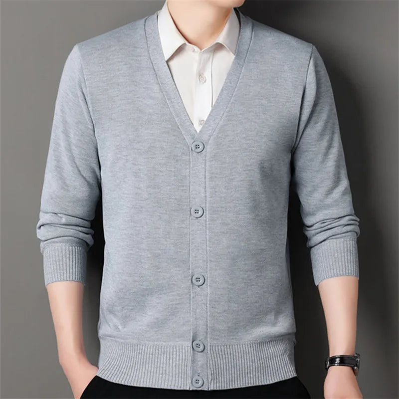 Autumn Winter Men's Casual Knit Cardigan Solid Color Slim Fit Fashion V-Neck Knitted Sweatercoat Men Fleece Warm Sweater Jackets