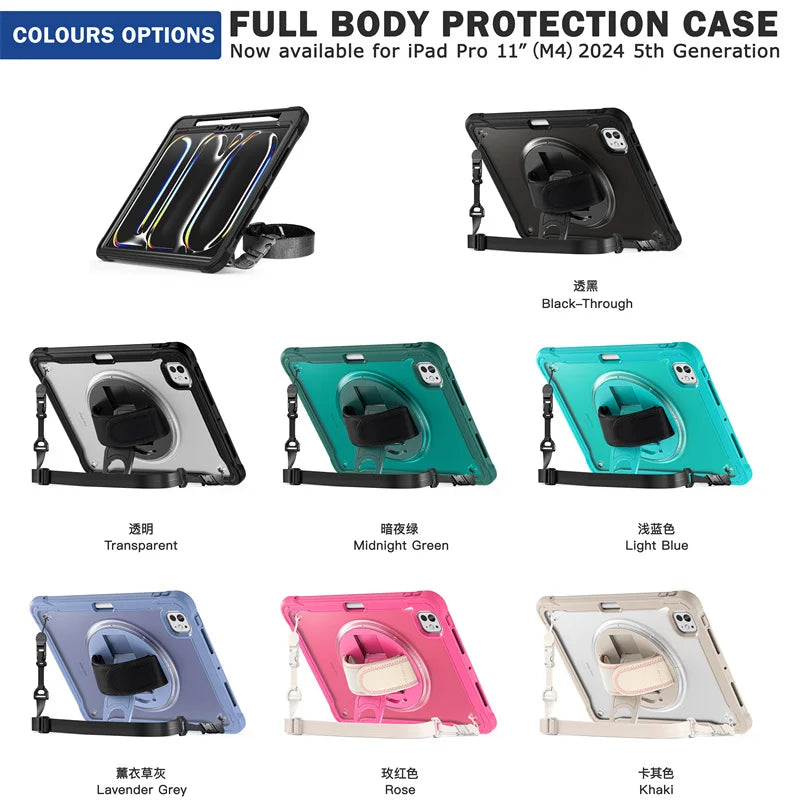 For iPad Pro 11 12.9 13 inch 2024 Case Shockproof Cover iPad Air 11 4th 5th 10 10th 10.9 10.2 9/8/7th 11th Generation Case+Strap