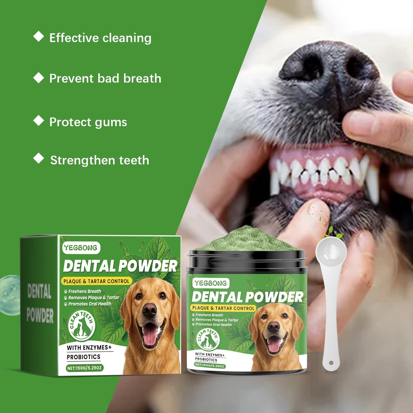 150g Mint Dog Dental Cleaning Powder Gentle Remove Teeth Stain Prevent Plaque Tartar Removal Refreshing Breath Dog Teeth Cleaner
