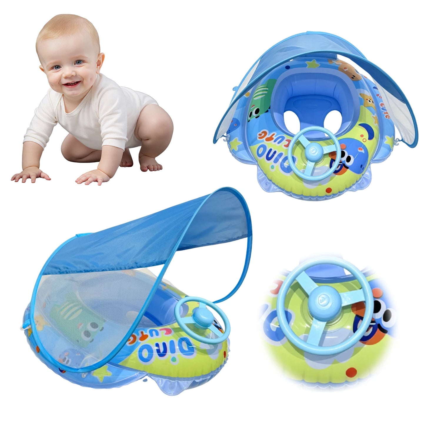 PVC Infant Pool Float with Canopy and Anti-Tip Seat Upgraded Inflatable Baby Pool Float Leak-proof for Toddler Aged 6-36 Months