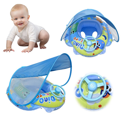 PVC Infant Pool Float with Canopy and Anti-Tip Seat Upgraded Inflatable Baby Pool Float Leak-proof for Toddler Aged 6-36 Months