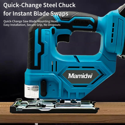 Mamidw Cordless Jigsaw Electric Curve Saw 3000RPM No-Load Speed, 20mm Stroke Length, 45° Tilting Function, Ergonomic Handle, Powered Precision Saw for Wood, Metal, Plastic Cutting, DIY & Professional Use (Tool Only) Compatib