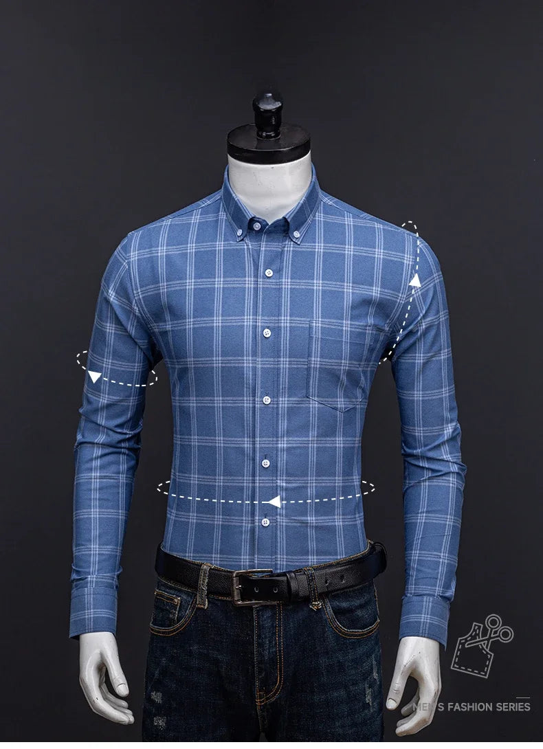 New In Shirt Oversize Long-Sleeve 100%Cotton Shirts for Men Slim Fit Formal Plain Shirt Plaid Casual Tops Designer Black Clothes