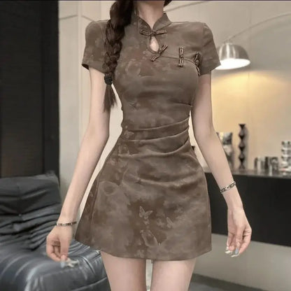 New Chinese Style Unique Buttoned Skirt Dress Women's Summer New Waist Cinching Small Size Super Body Shape Sexy Butt Dress