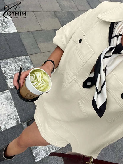 Oymimi Fashion Beige 2 Piece Sets Woman Outfit Elegant Lapel Short Sleeve Pockets Side Slit Shirts And High Waisted Shorts Sets