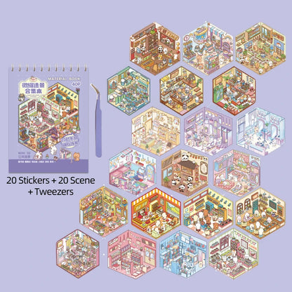 3D Diorama Sticker Book 20 Pages Mini Scene Cute Cartoon Animal Ghosts Theme DIY Scrapbook Toy Fun Stress Relief Kids Adult Gift