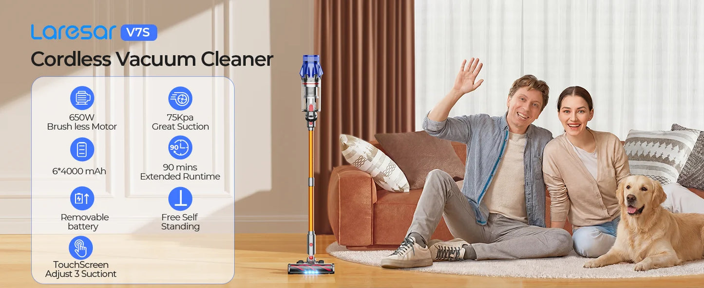 90 Minut Laresar V7S 75000PA 650W Cordless Vacuum Cleaner Handheld Long Runtime Removable Battery Smart Display Home Appliance