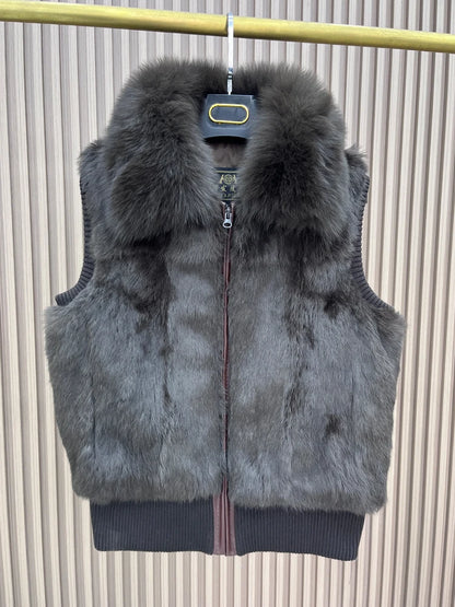 Women's Genuine Real Rabbit Fur Vest Coat Knitting Winter Fox Fur Collar Fur Jacket Casual Short Outwear Slim with Zipper