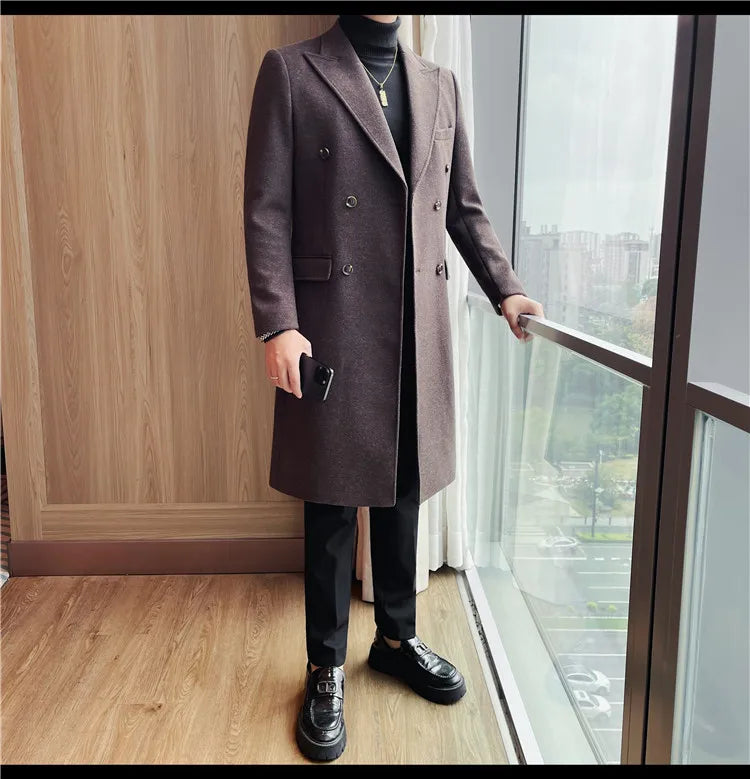 Autumn Winter Vintage Men's Woolen Long Coat Fashion Lapel High Quality Double Breasted Formal Men Slim Fit WindBreaker Overcoat