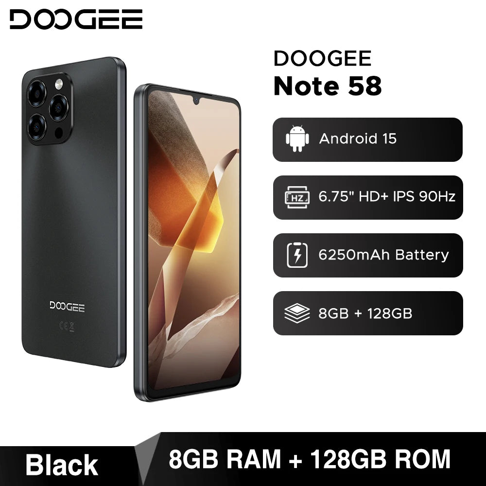 Global Version DOOGEE Note 58 Android 15 Smartphone 8GB RAM+128GB ROM 6.75" HD+ 90Hz IPS Screen 6250mAh Large battery NFC
