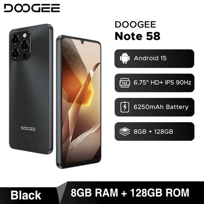 Global Version DOOGEE Note 58 Android 15 Smartphone 8GB RAM+128GB ROM 6.75" HD+ 90Hz IPS Screen 6250mAh Large battery NFC