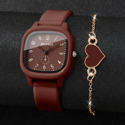 2PCS Fashion Arabic Dial Women Quartz Watch Heart Bracelet Set Square Silicone Strap Wristwatches Reloj Mujer (Without Box)