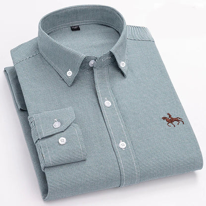 Basic Oxford Dress Shirt For Men Long Sleeve 100% Pure Cotton Solid  Casual Plaid Striped Social Business Male Regular-Fit S-6XL