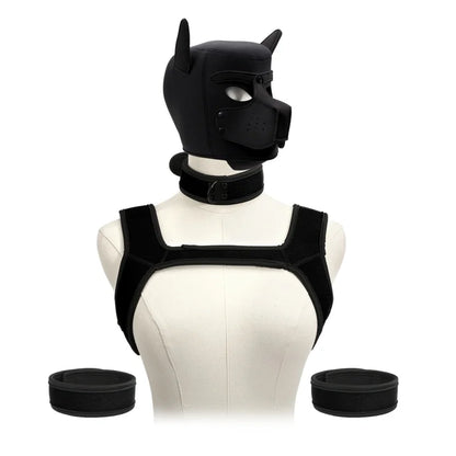 Pet Play Restraint Lingerie Set with Unisex Upper Body Harness Dog Hood Choker for Couple BDSM Fantasy Game Sex Toys